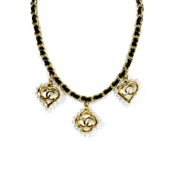 Chanel 2019 Leather Lace Chain Pearl Heart Necklace, Worn By Denise Richards